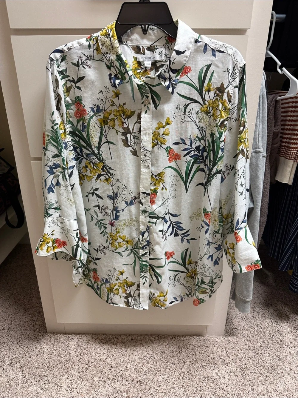 Chico's White Floral Button-Down Shirt with Green & Yellow Botanical Print